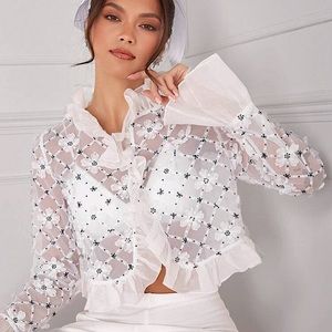 DREAMY White Floral Appliqué Ruffle Trimmed Chiffon Jacket Top SMALL